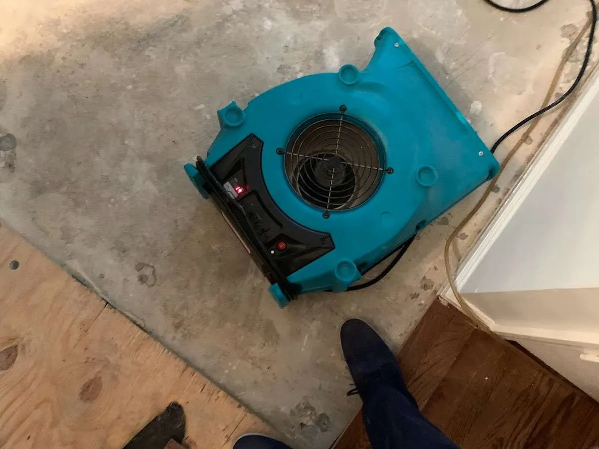 Air mover drying subfloor during Leak Detection & Repair in Poplar Bluff